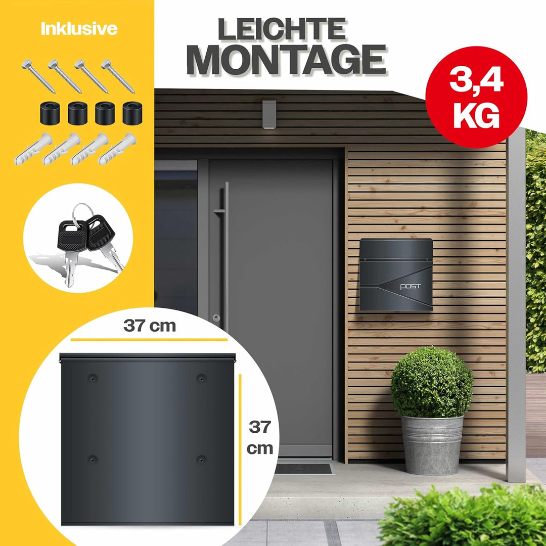 KESSER® Briefkasten mit Zeitungsfach Wandmontage Wandbriefkasten Edelstahl, 2X Schlüssel abschliessb