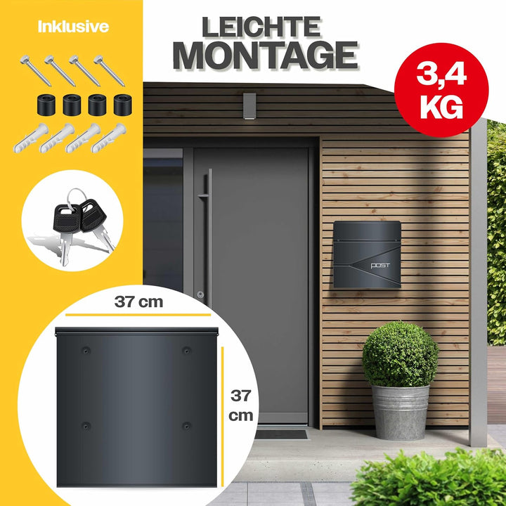 KESSER® Briefkasten mit Zeitungsfach Wandmontage Wandbriefkasten Edelstahl, 2X Schlüssel abschliessb