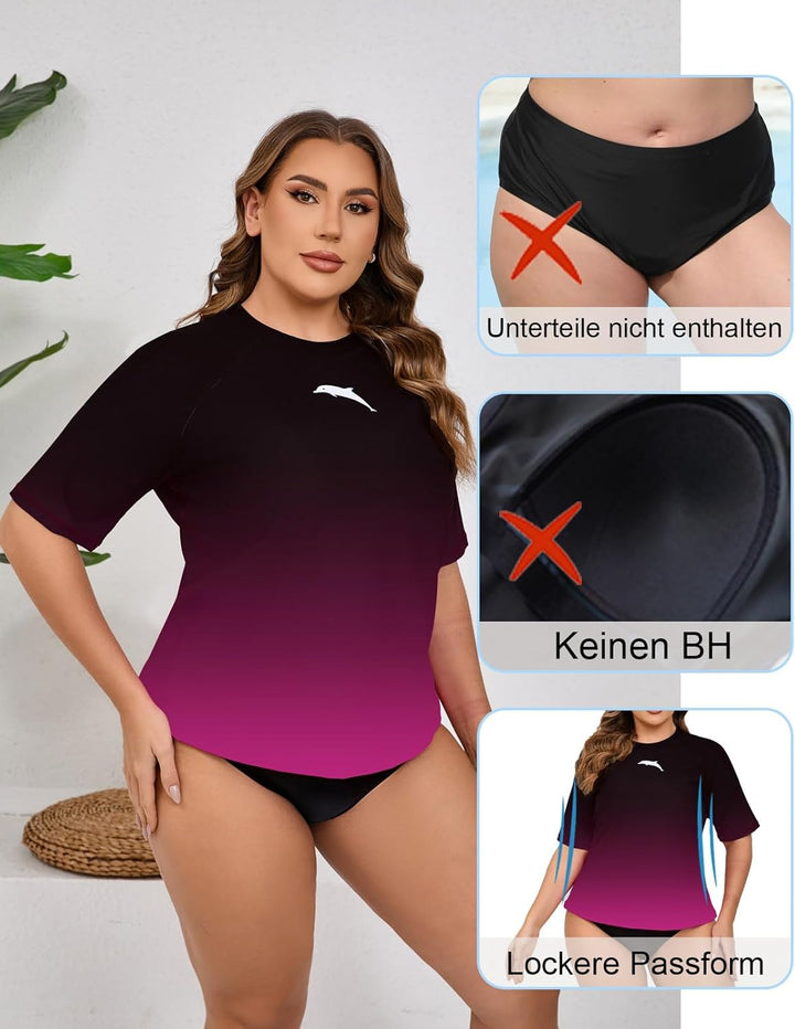 Halcurt UV Shirt Damen Übergrösse Rash Guard Kurzarm UPF 50+ Badeshirt UV Schutz Schwimmshirt Schnel