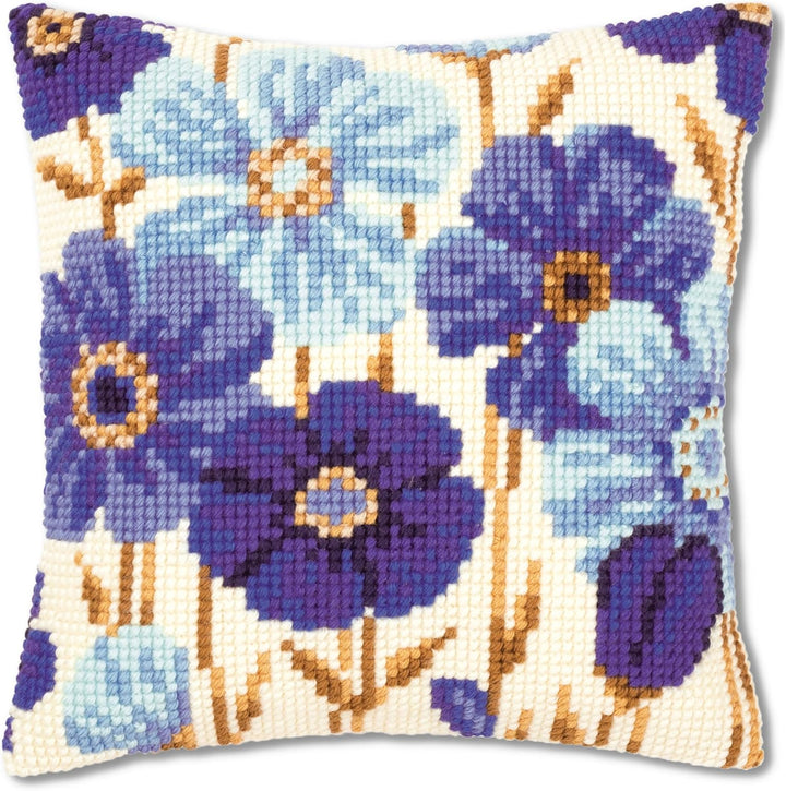 Vervaco VER Kreuzstichkissen Anemonen in Blau, Baumwolle, Mehrfarbig, 40 x 40 x 0.3 cm