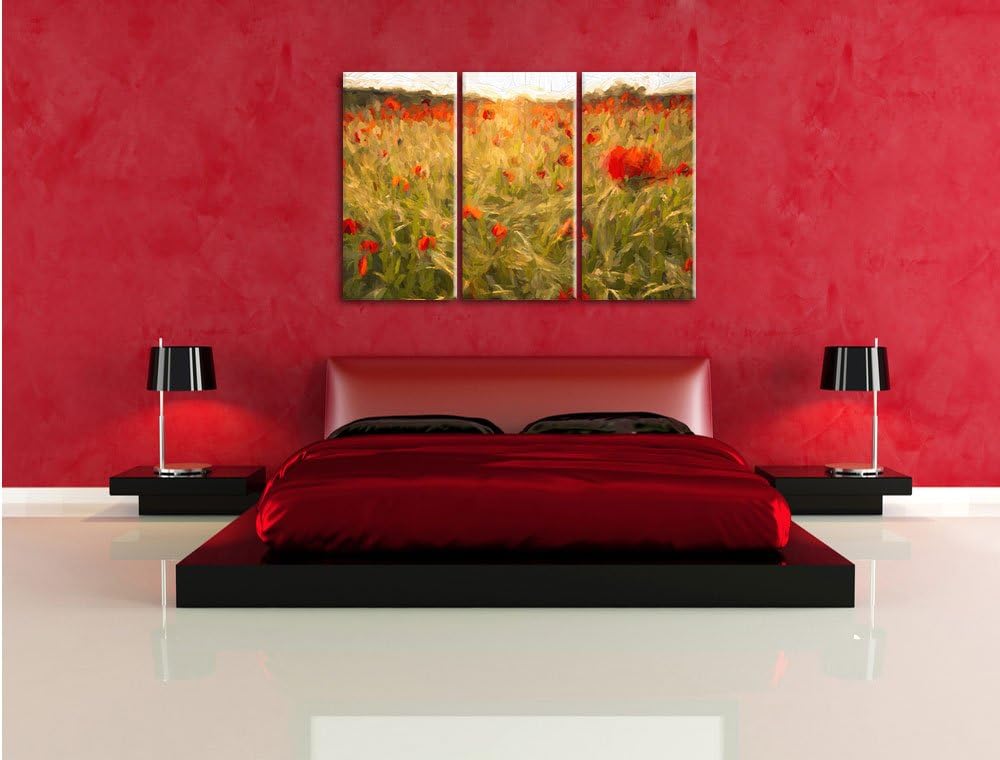 Pixxprint Mohnfeld bei Sonnenuntergang als Leinwandbild/Grösse: 3 Teilig (120x80 cm) cm/Wandbild/Kun