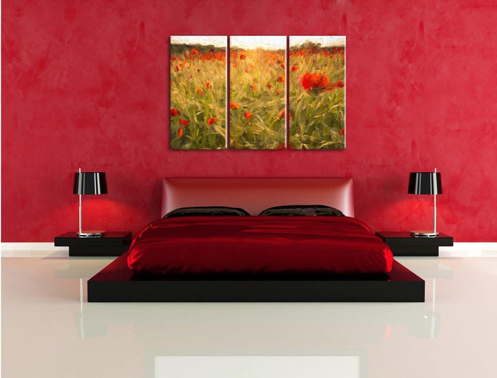 Pixxprint Mohnfeld bei Sonnenuntergang als Leinwandbild/Grösse: 3 Teilig (120x80 cm) cm/Wandbild/Kun