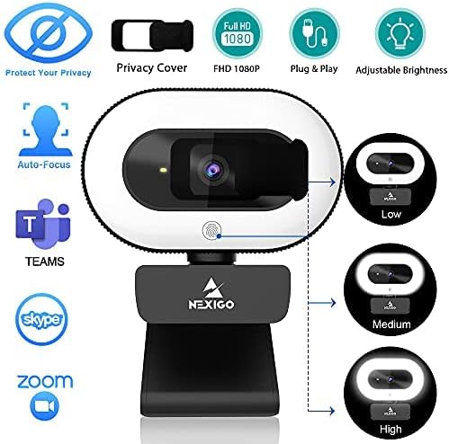 NexiGo StreamCam N930E, 1080P Webcam mit 2 Mikrofon, Ringlicht und Abdeckung, Autofokus, Plug & Play