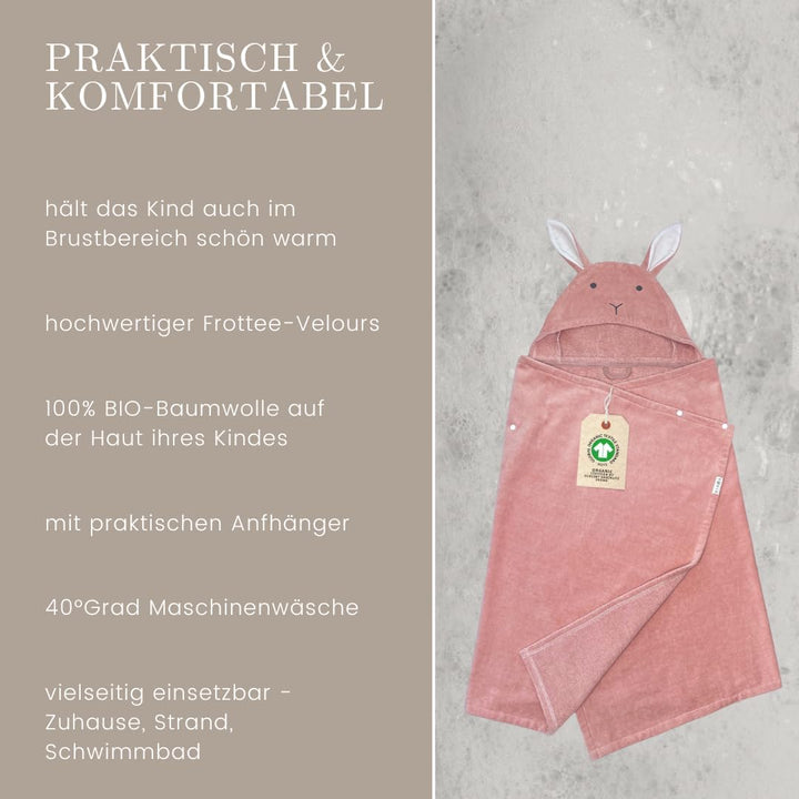 DIKOS® 2-in-1 Kapuzenhandtuch & Badeponcho Baby, Kleinkinder & Kinder Altrosa 70x140 | Ab Geburt Bab