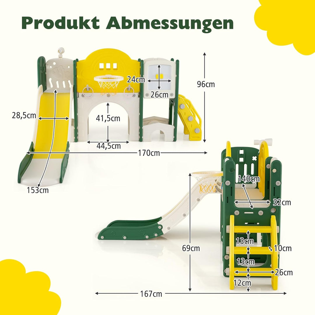 COSTWAY Kinder Rutsche faltbar, 10 in 1 Kinderrutsche mit Basketballkorb, Wurfspiel, Tafel, Tunnel,