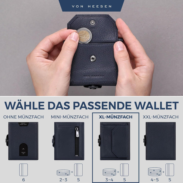 VON HEESEN Slim Wallet mit XL Münzfach &amp; RFID Schutz - Leder Geldbörse Herren klein - Mini Geldbeute