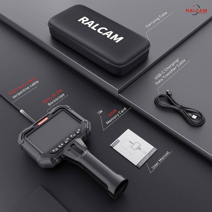 Ralcam Endoskopkamera mit Licht, Endoscope Camera mit 210° beweglichem Kopf, 6.2mm Sonde, 5" HD Bild