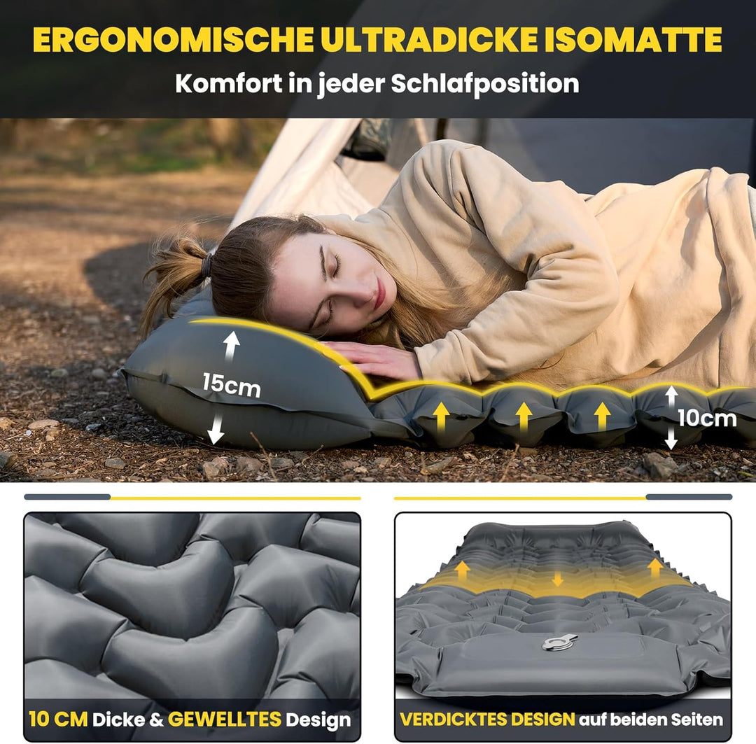 HIKENTURE Isomatte Camping, 10cm hoch Camping Isomatte Kleines Packmass, Aufblasbare Schlafmatte mit