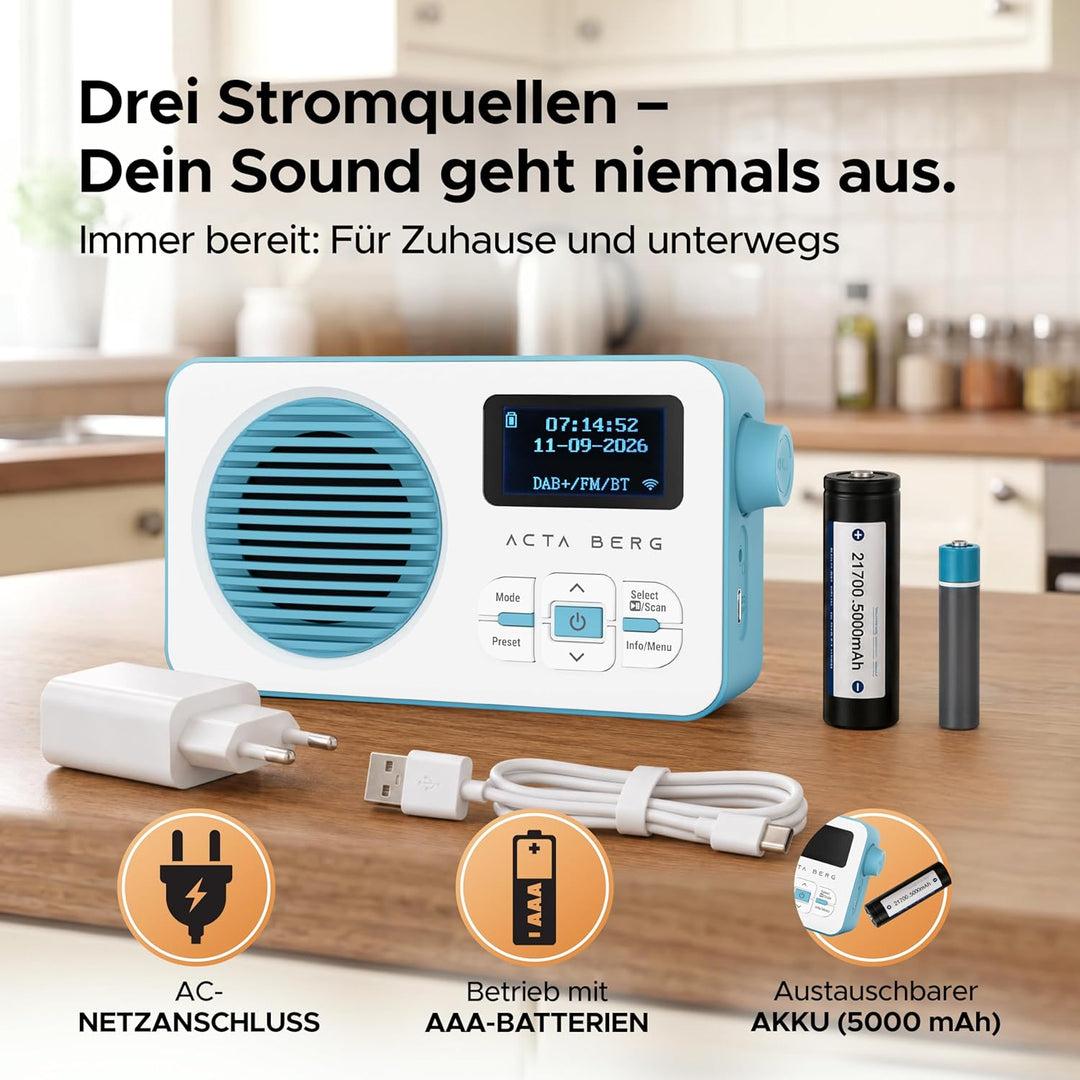 DAB Radio mit Akku 5000 mAh austauschbar &amp; BT 5.3 (Baby-Blau) | DAB+/UKW-Radio, Akku austauschbar +