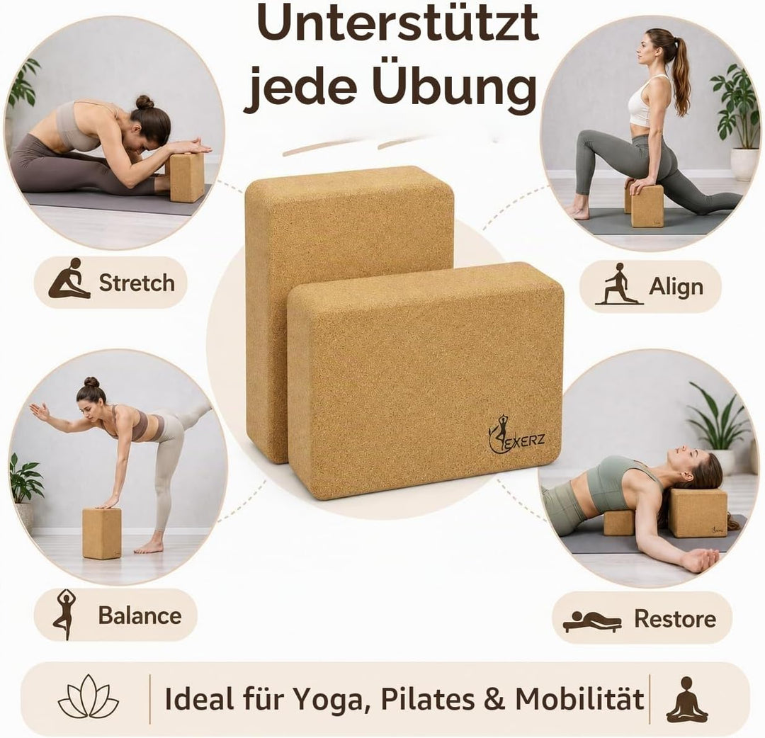 EXERZ Kork Yoga-Blöcke 2 Stück – Fitness-Steine, rutschfest, extrem hohe Dichte, fest und schwer