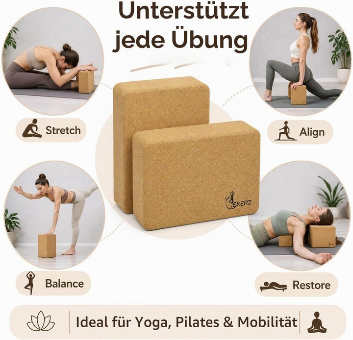 EXERZ Kork Yoga-Blöcke 2 Stück – Fitness-Steine, rutschfest, extrem hohe Dichte, fest und schwer