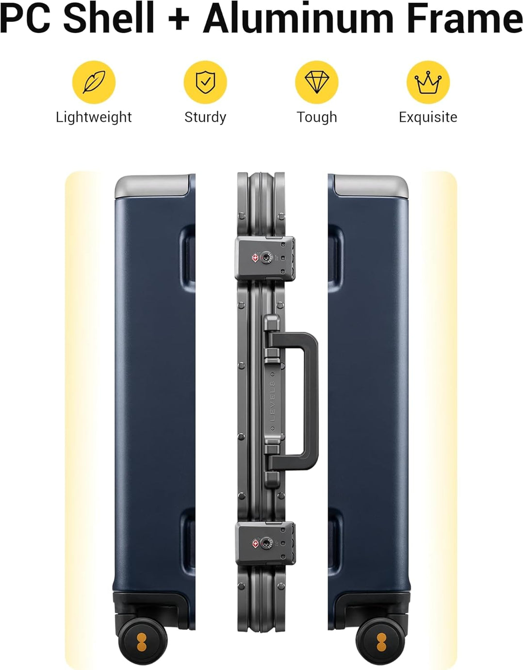 LEVEL8 Reisekoffer mit Aluminium Rahmen, Handgepäck Cabin Trolley Hartschalen Spinner Mit Doppelte T