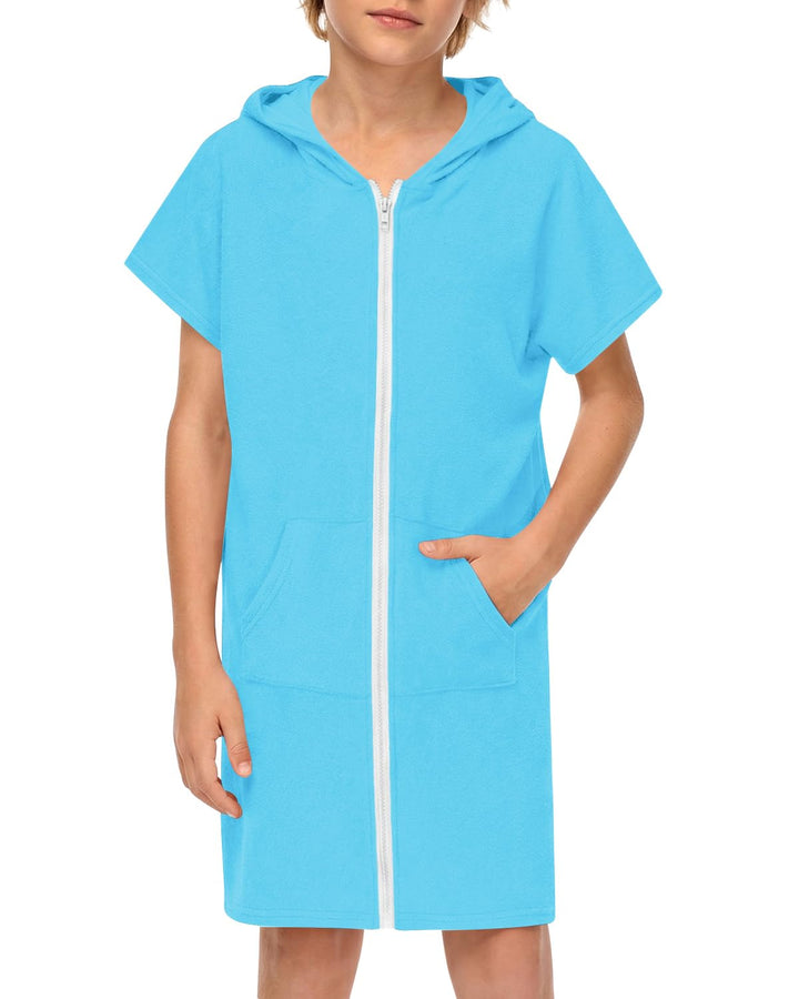 BesserBay Mädchen Badeponcho Kapuze Poncho mit Taschen Zip Cover Up Kinder Unisex 120-160, 120 Blau