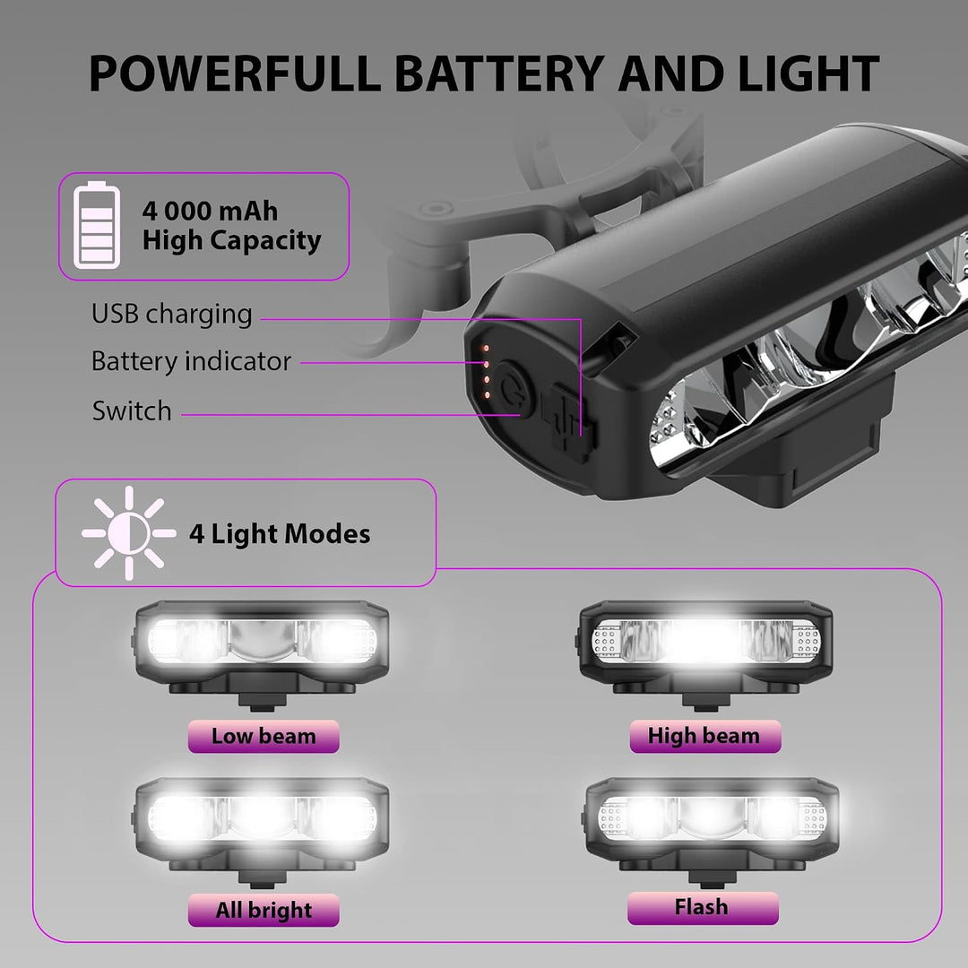 Fahrradlicht Vorne USB C Ladeanschluss 4000mah 1200 Lumens 3 LEDs 4-Lichtmodi LED Fahrradlich Vorne