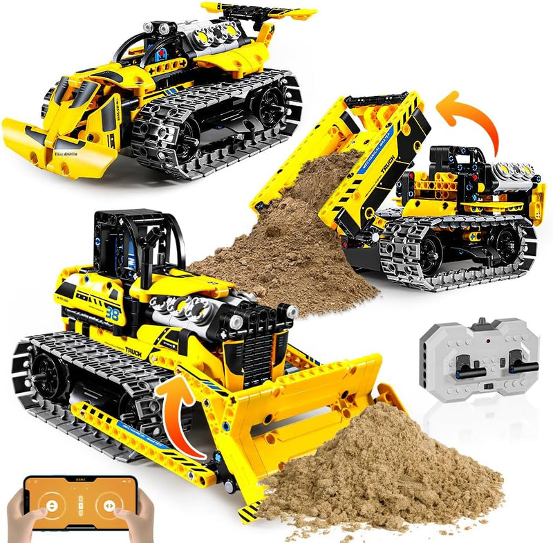 OKKIDY 3-in-1 Technik Bulldozer, RC Muldenkipper & Baustellenauto - 452 Teile Bauspielzeug für Kinde