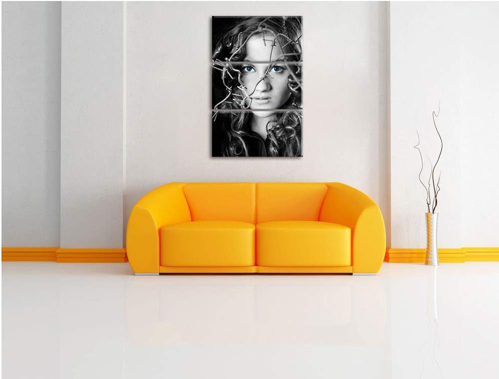Sexy Girl mit ozeanblauen Augen vor Stacheldraht schwarz/weiss 3-Teiler Leinwandbild 120x80 Bild auf