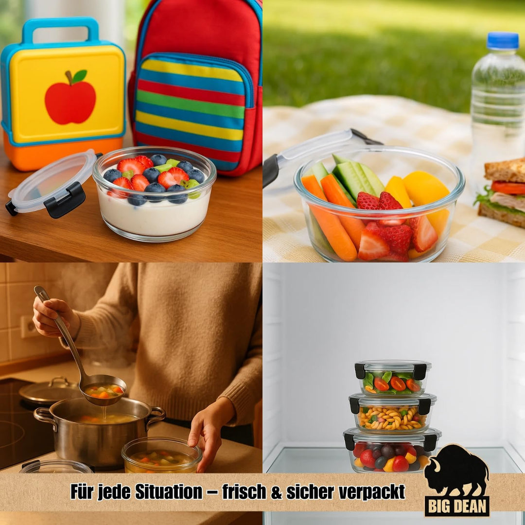 BigDean Glasbehälter mit Deckel in 3 Grössen - Mikrowellengeschirr Glas - Meal Prep Container - Rund