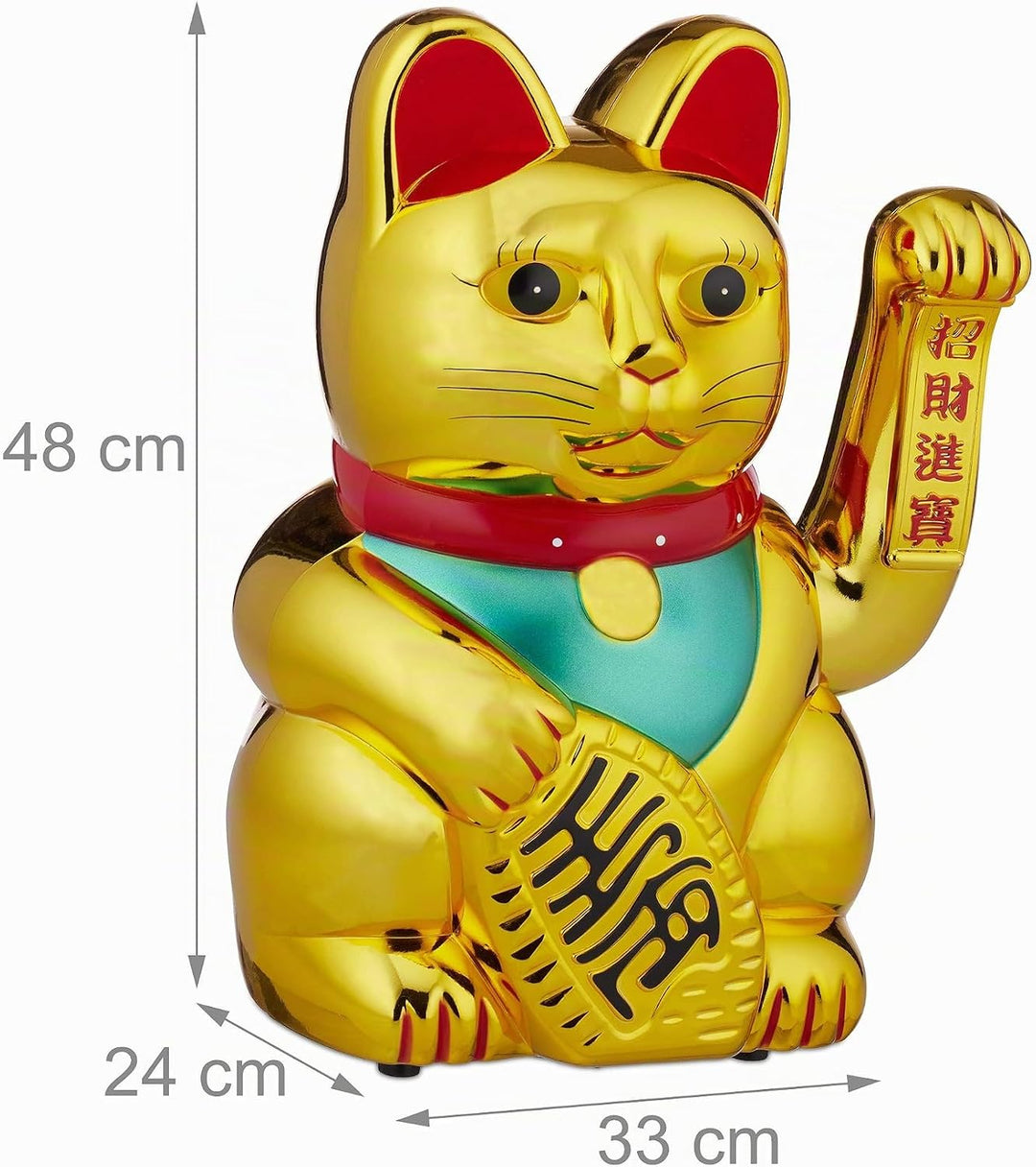 Relaxdays Winkekatze, Gold XXL Maneki Neko, batteriebetriebene winkende Pfote, Glücksbringer für Rei