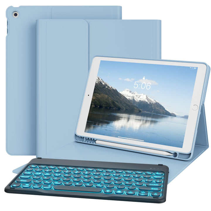Hülle mit Tastatur für iPad 9/8/7 Generation (2021/2020/2019) 10.2 Zoll Soft TPU Rückschalemit Stift