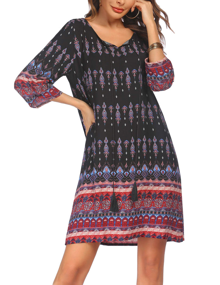 Beyove Damen Bohemian Tunika Kleid Strandkleid Sommerkleider Vintage Strandtunika 3/4-Arm Rundhals K
