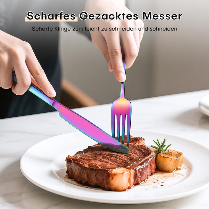 Besteck Set 6 Personen, 30 Teilig Regenbogen Besteckset mit Messer Gabel Löffel, Essbesteck Set Edel