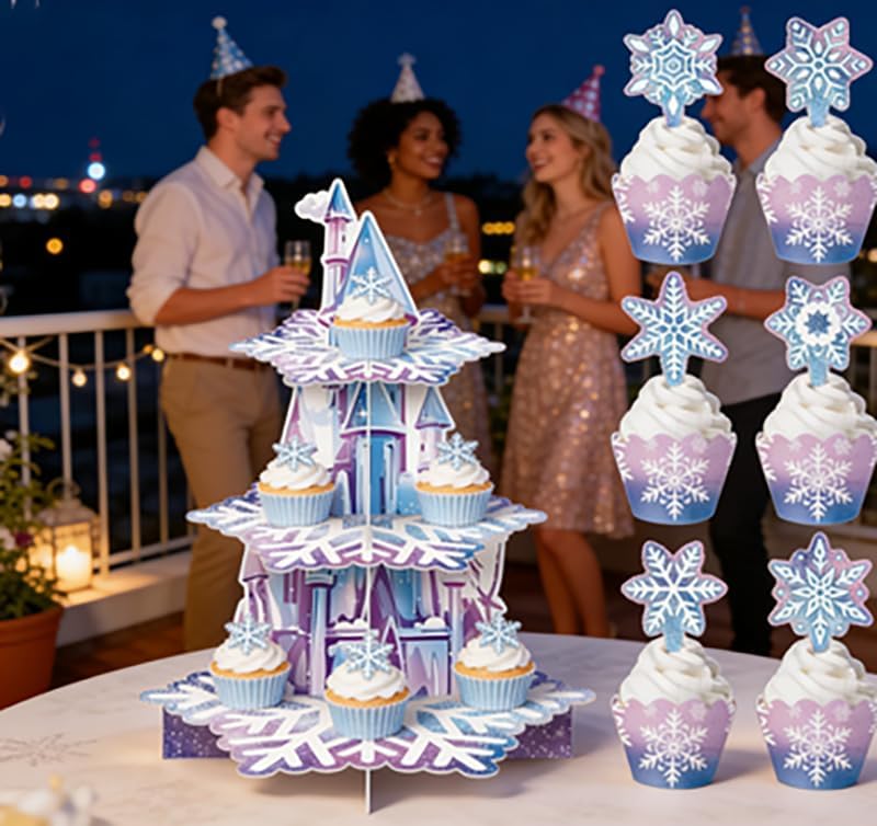 Blau-lila Schneeschloss-Tortenständer, Cupcake-Ränder und kleine Dekostäbchen, Schneeschloss, dreist
