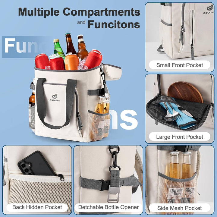 Odoland Kühlrucksack mit 3 Kühlakkus, 30 can Thermo Kühltasche Wasserdicht Rucksack zum Kühl mit Fla