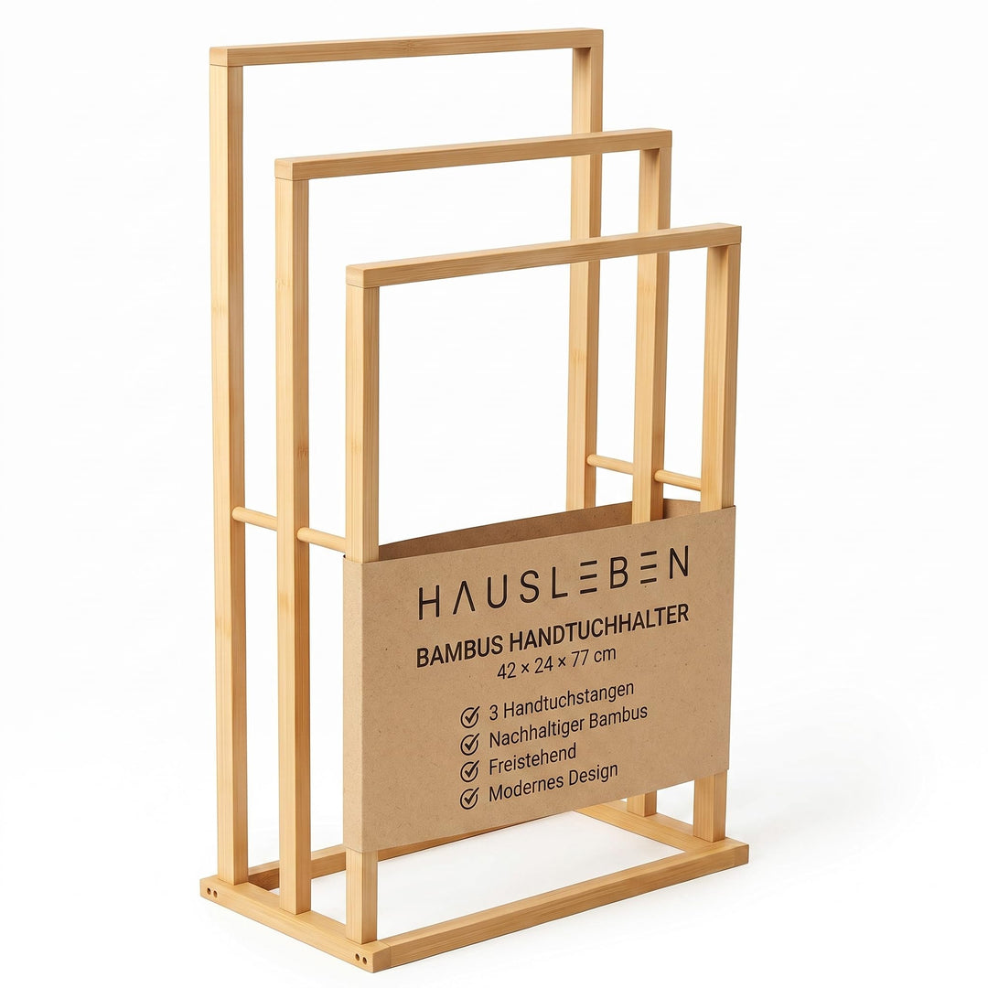 hausleben® TT10804 Handtuchhalter aus Bambus – 3 Handtuchstangen | Freistehender Handtuchständer 42×