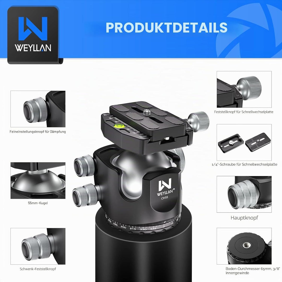 WELLAN Kugelkopf Stativkopf,Heavy Duty 360 Panorama-Stativkopf, CNC Aluminiumlegierung Stativ-Kamera