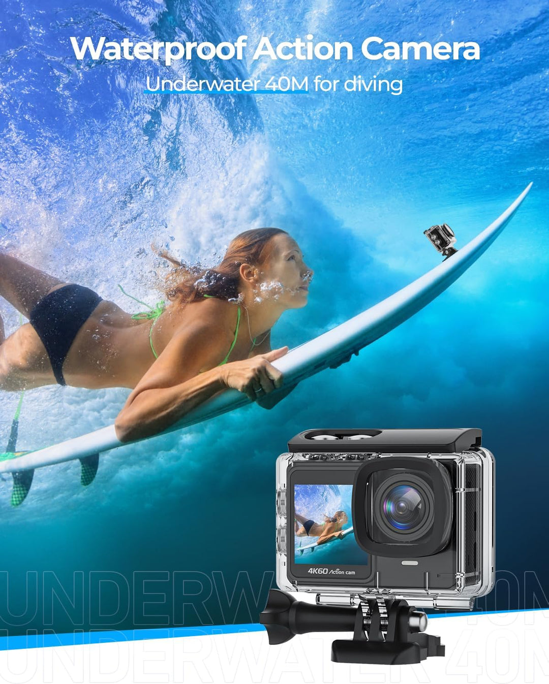 TIMNUT Action Cam 4K 60fps, 8X Zoom Unterwasserkamera 24MP WiFi Kamera mit 64GB SD Karte, EIS Helmka