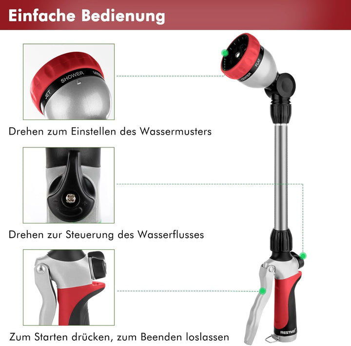 RESTMO Garten Giessstab Metall, 42cm Lang Gartenbrause mit Stiel, 180° schwenkbaren Kopf Stabbrause