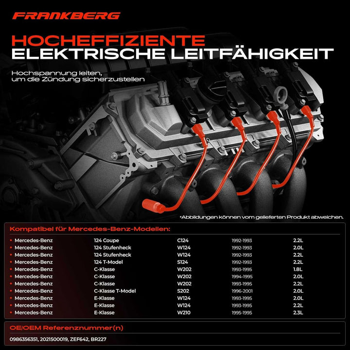 Frankberg 4x Zündleitungssatz Zündkabel Kompatibel mit C-Klasse W202 C180 C200 C220 1.8L-2.2L 1993-1