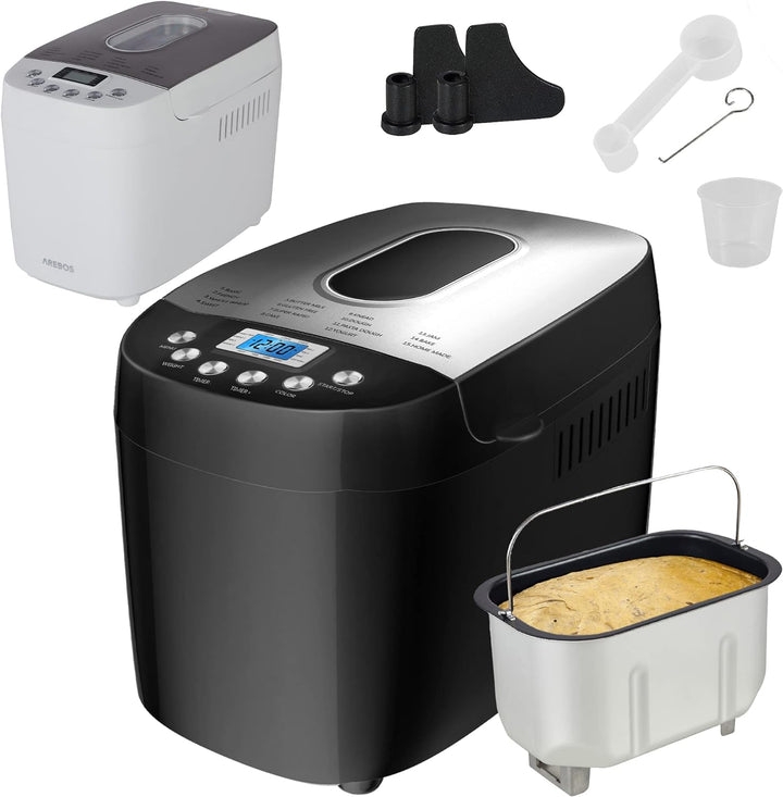 Arebos Brotbackautomat 1500g | mit 15 Programmen | 2 Knethaken | Timer | LCD Display | 3 Bräunungsgr