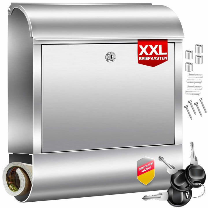 KESSER® XXL Briefkasten Edelstahl mit Zeitungsfach, gebürstet, 3X Schlüssel abschliessbar, Pulverbes