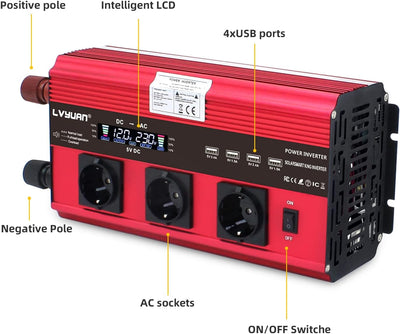Wechselrichter 12V 230V 3000W /6000W Wechselrichter Fernbedienung 4X USB und LCD 3 AC Steckdosen Mod