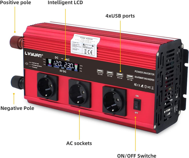 Wechselrichter 12V 230V 3000W /6000W Wechselrichter Fernbedienung 4X USB und LCD 3 AC Steckdosen Mod