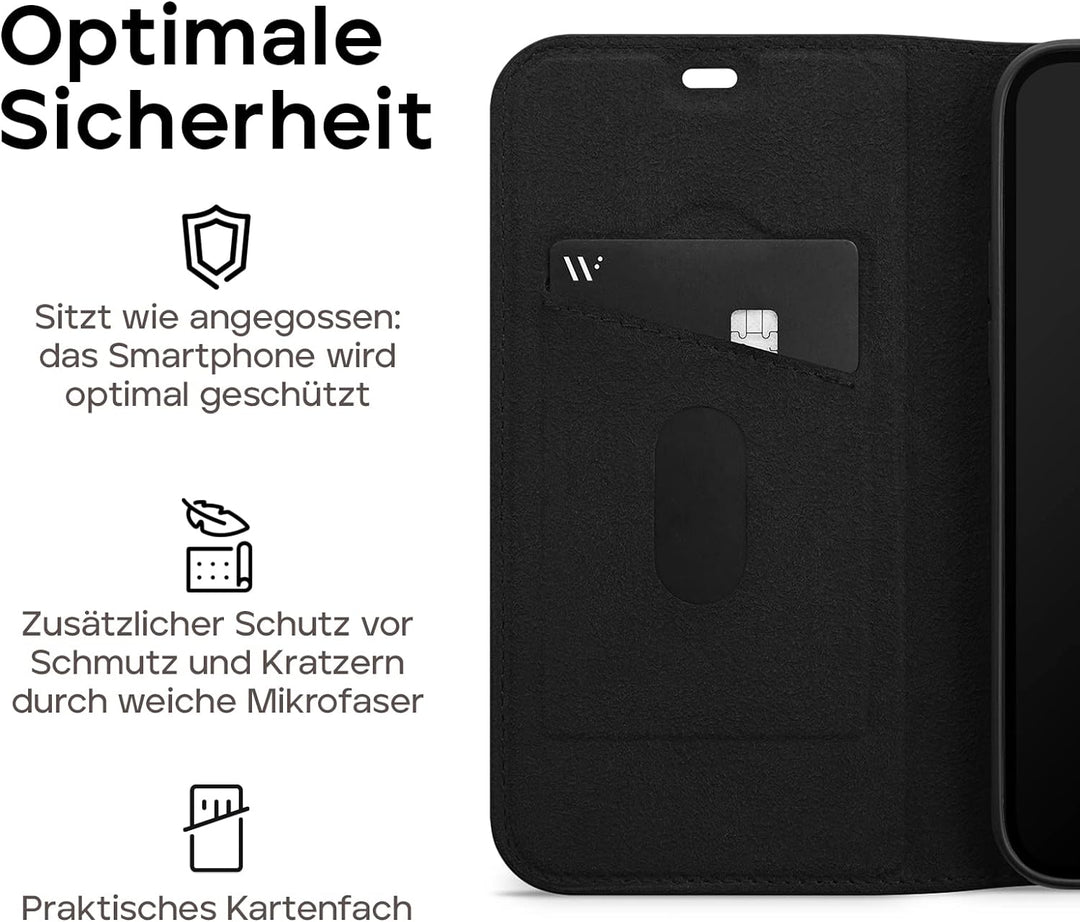 WIIUKA Hülle für iPhone 14 Plus, Leder aus Deutschland, mit Kartenfach, extra Dünn, Handyhülle mit S
