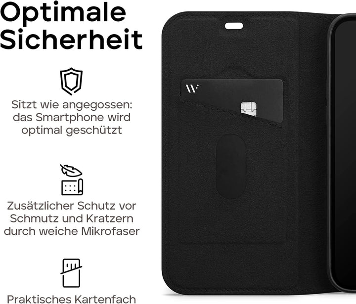 WIIUKA Hülle für iPhone 14 Plus, Leder aus Deutschland, mit Kartenfach, extra Dünn, Handyhülle mit S