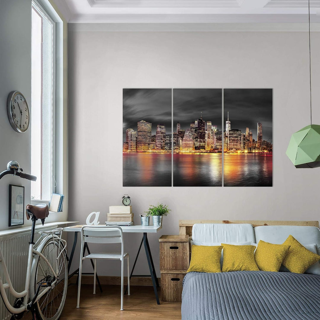 Runa Art Wandbilder New York City Bild XXL Wohnzimmer Büro Schwarz Gold Skyline 120 x 80 cm 3 Teilig