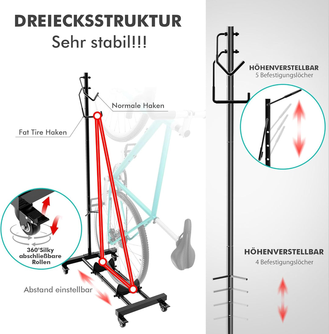 Mimoke Fahrradständer mit Rollen – für MTB und Rennräder bis 29 Zoll, höhenverstellbar, platzsparend