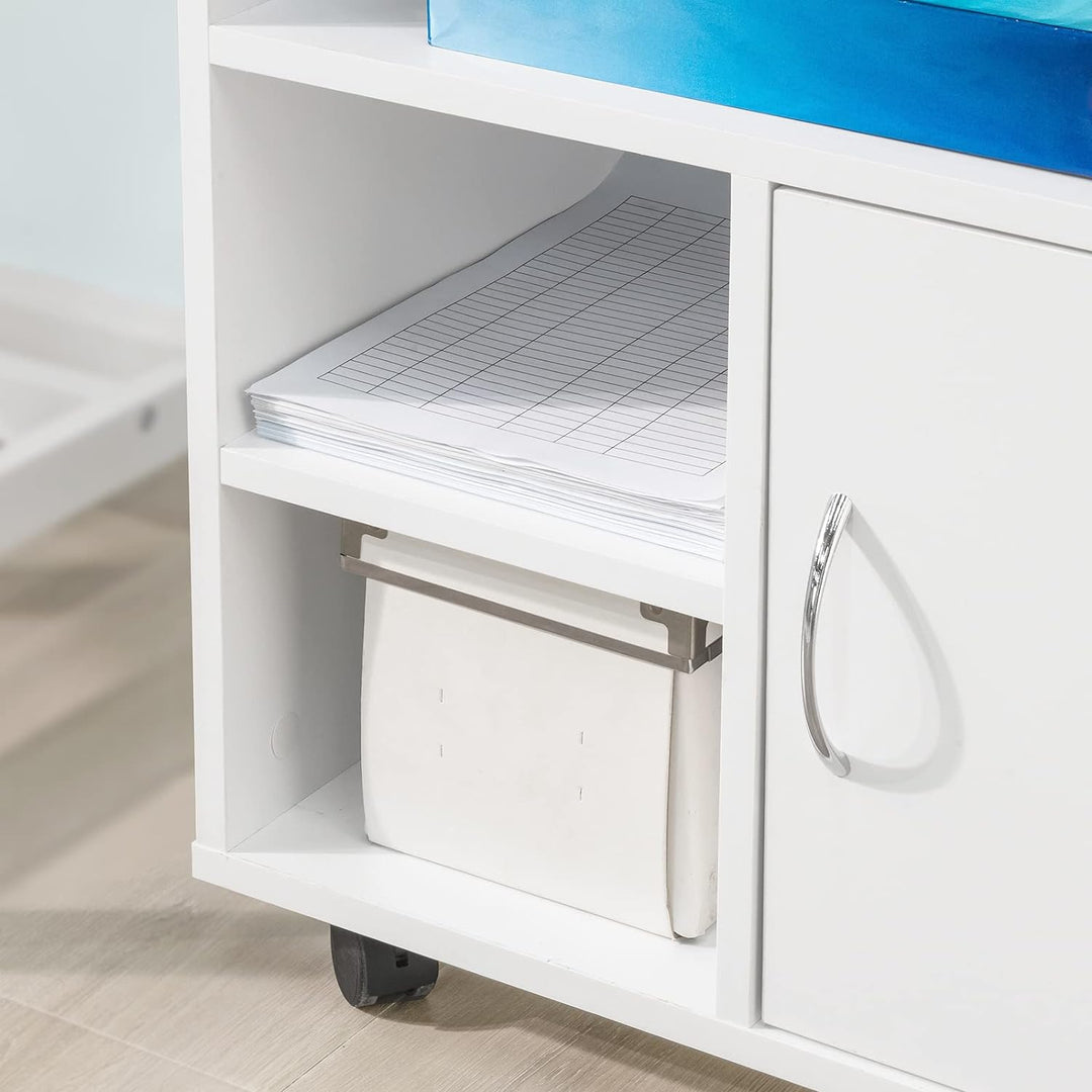 SoBuy FBT106-W Druckertisch mit Schublade und Tür Aktenschrank Rollcontainer mit Fächern Bürowagen B