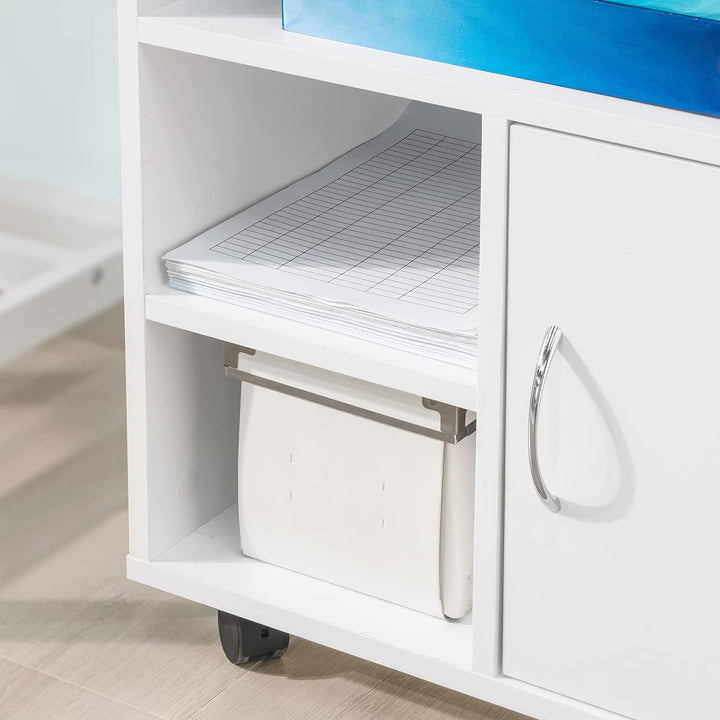 SoBuy FBT106-W Druckertisch mit Schublade und Tür Aktenschrank Rollcontainer mit Fächern Bürowagen B