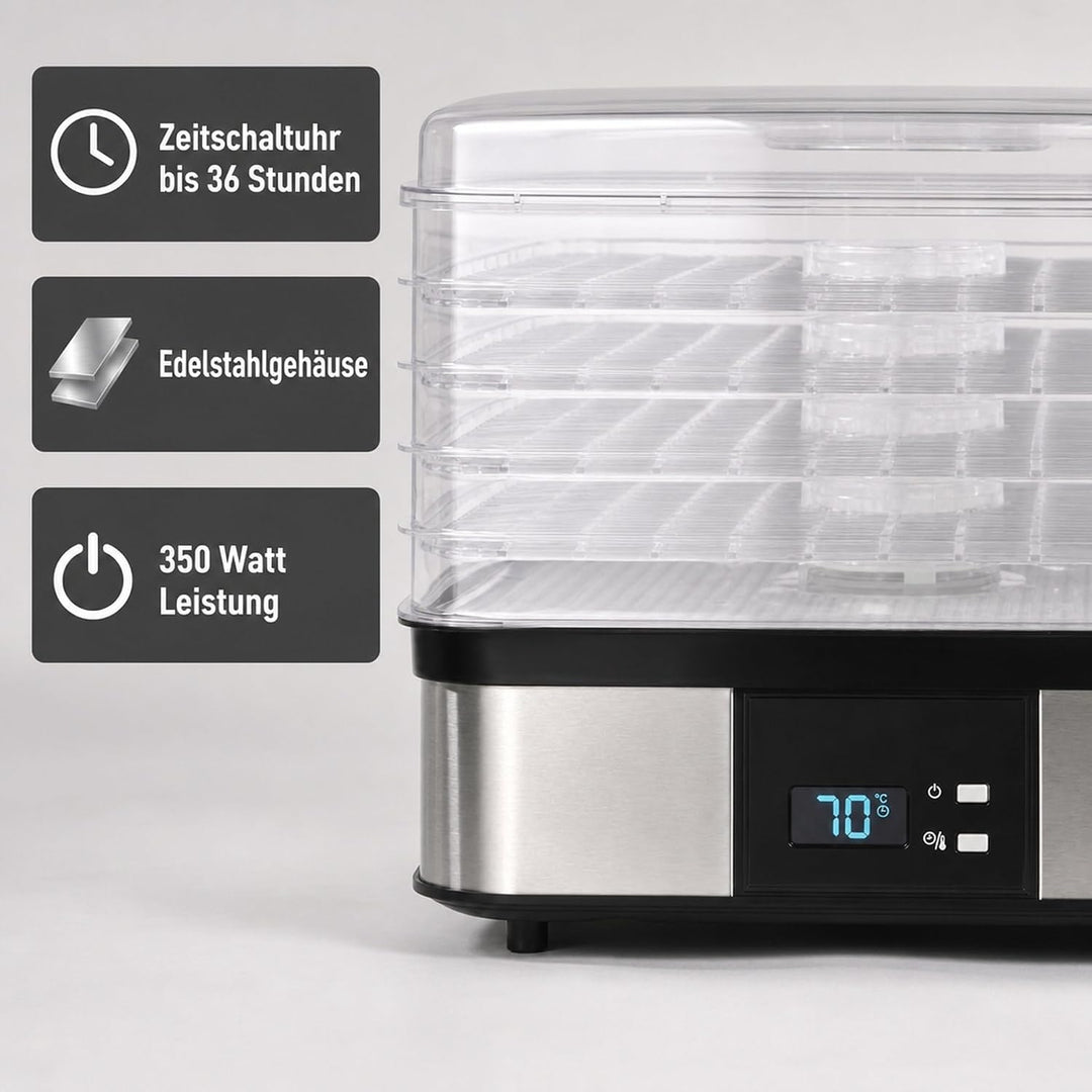 Edelstahl-Dörrgerät 350W mit 5 Einlegeböden, Temperatur 40-70°C, Zeitschaltuhr 1-36h, inkl. Kräuterm