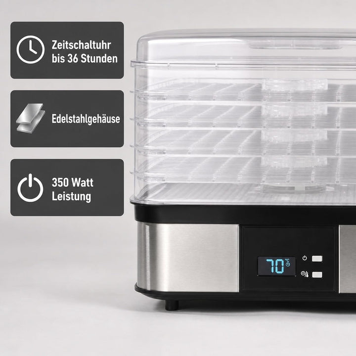 Edelstahl-Dörrgerät 350W mit 5 Einlegeböden, Temperatur 40-70°C, Zeitschaltuhr 1-36h, inkl. Kräuterm