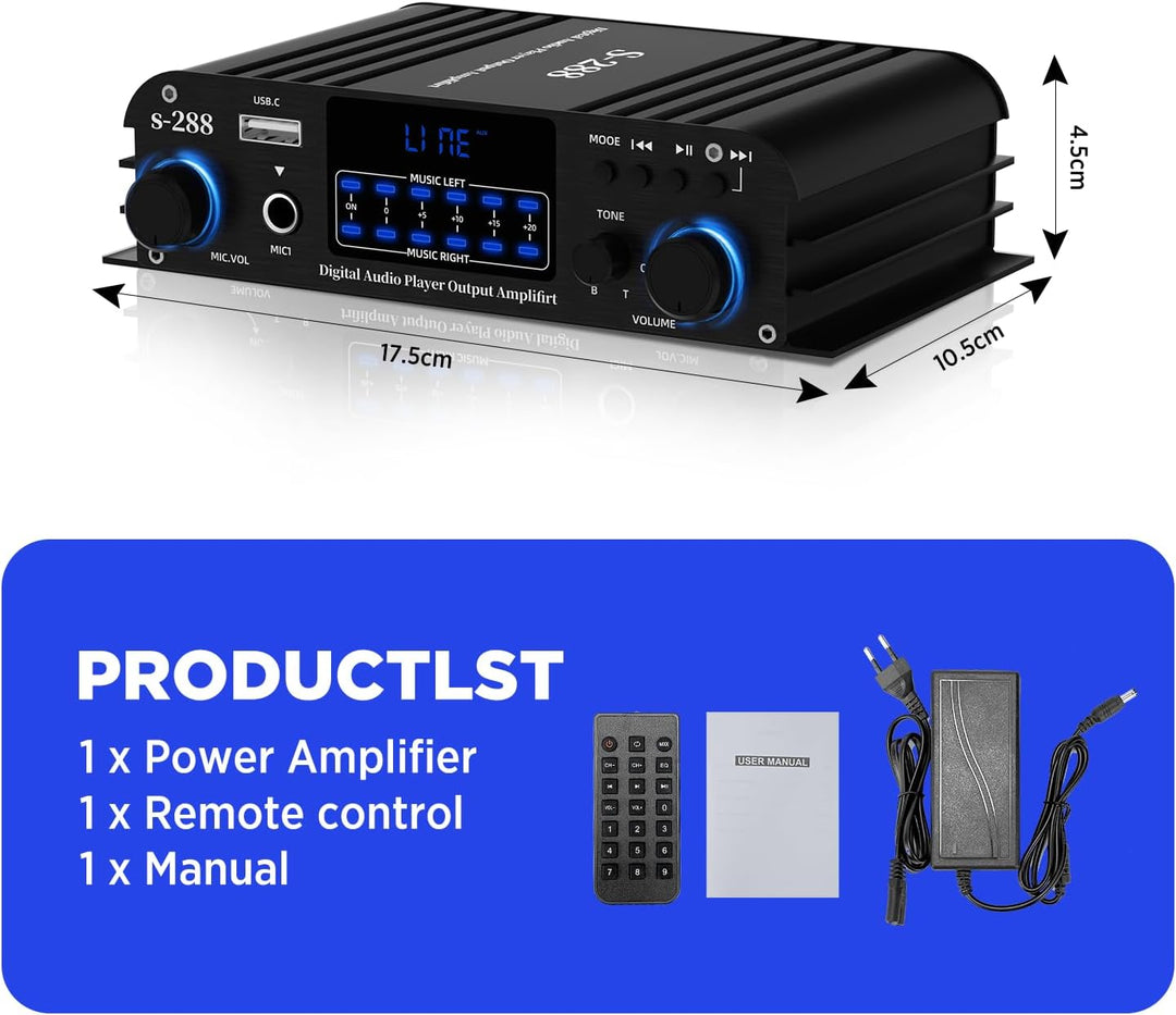 4.1-Kanal Verstärker, 1200W Mini HiFi Stereo Verstärker, Bluetooth 5.0 für Heimlautsprecher 35W x 4