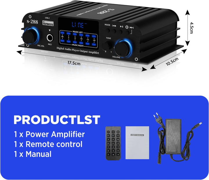 4.1-Kanal Verstärker, 1200W Mini HiFi Stereo Verstärker, Bluetooth 5.0 für Heimlautsprecher 35W x 4