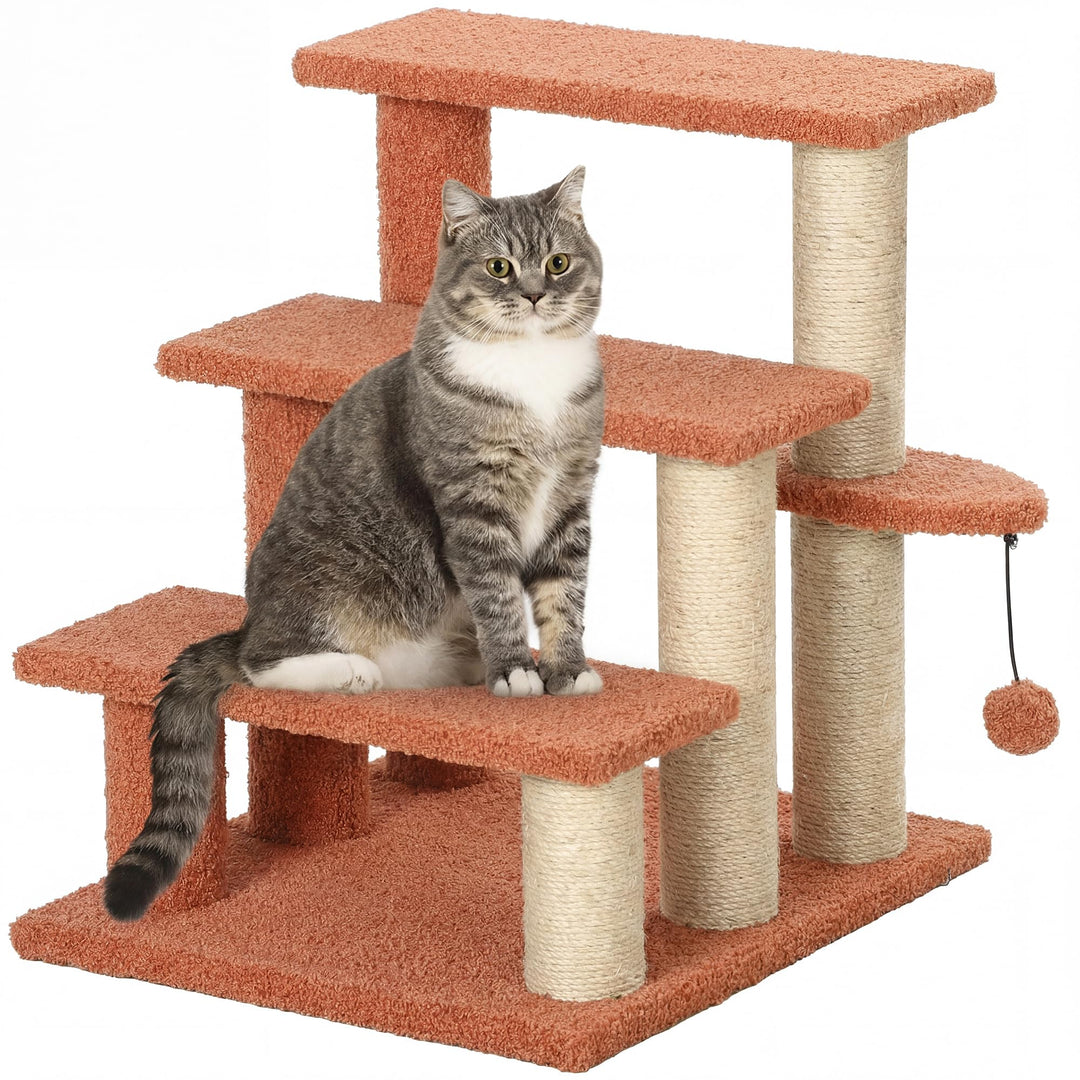 PawHut Katzentreppe 3 Stufen Tiertreppe Treppe für Katze mit Kratzsäulen Ball Haustiertreppe Hundetr
