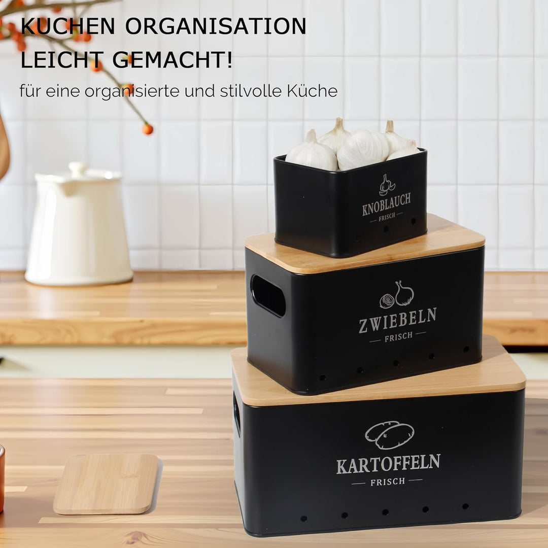 Kartoffel Aufbewahrungsbox 3er Set, 360° Luftzirkulation für längere Frische, Für Zwiebeln, Kartoffe