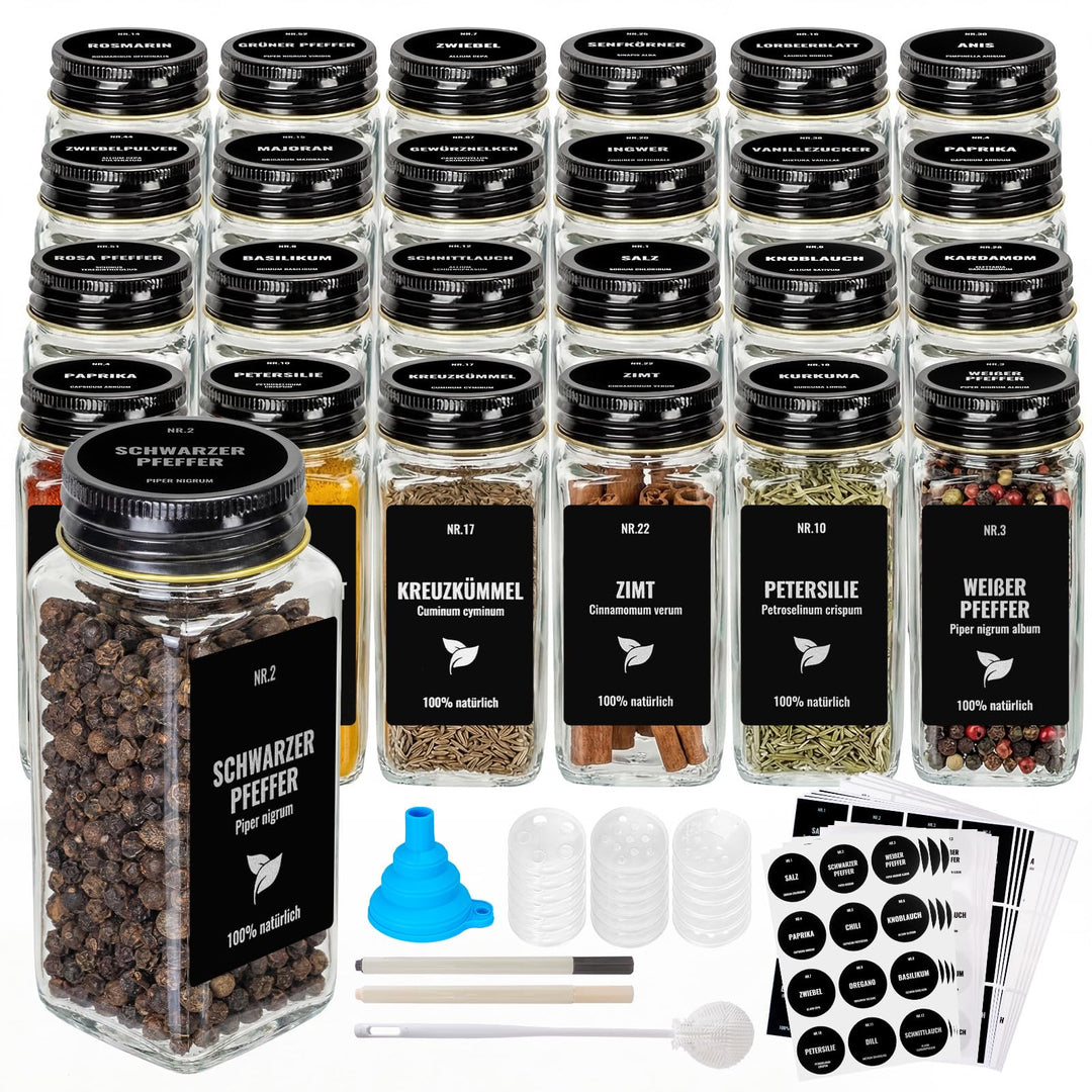 Gewürzgläser Eckig Set 24er, Gewürzdosen Glas 120ml, Gewürzstreuer Mit Schwarz Deckel, Gewürz Organi