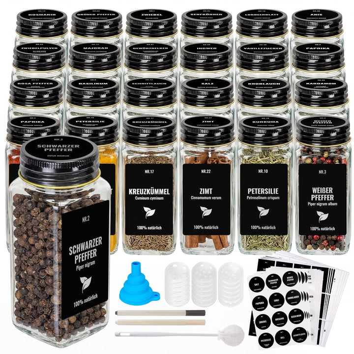 Gewürzgläser Eckig Set 24er, Gewürzdosen Glas 120ml, Gewürzstreuer Mit Schwarz Deckel, Gewürz Organi